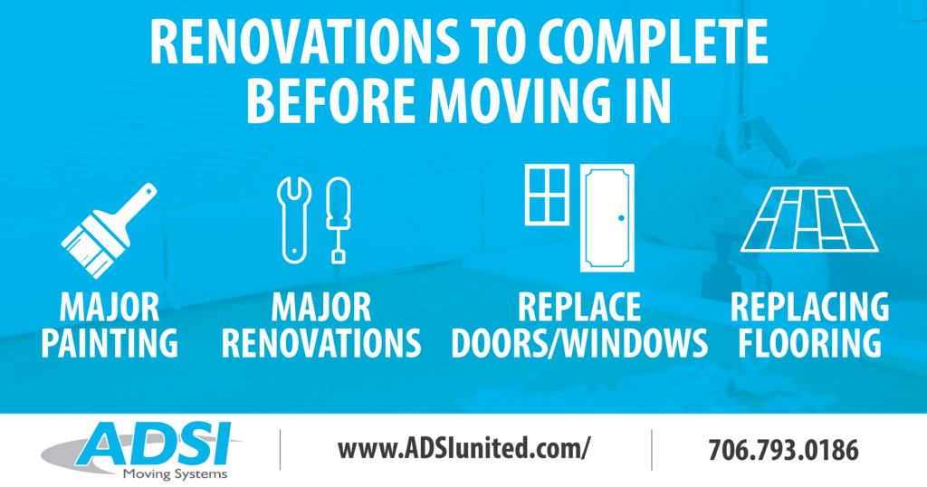 Renovations to complete before moving in: major painting, major renovations, replace doors and windows, and replacing flooring. 