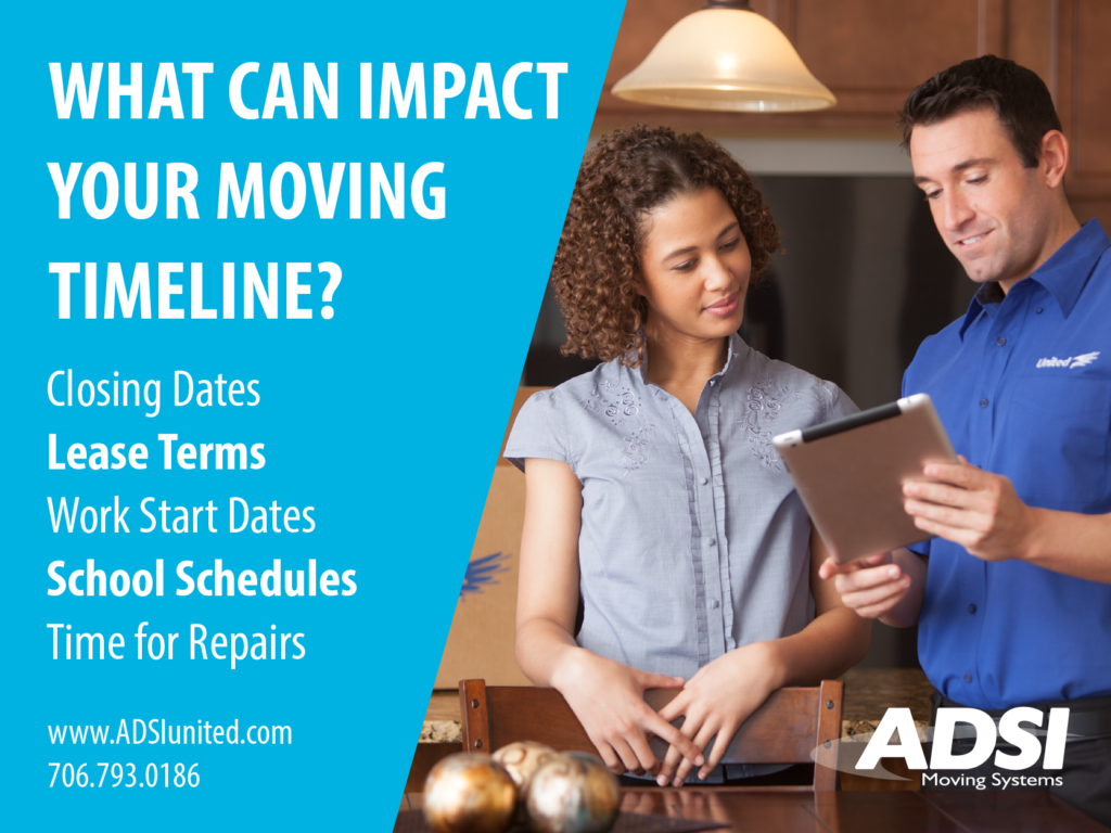 What can impact your moving timeline? 
Closing dates
Lease terms 
Work start dates
School schedules
Time for repairs