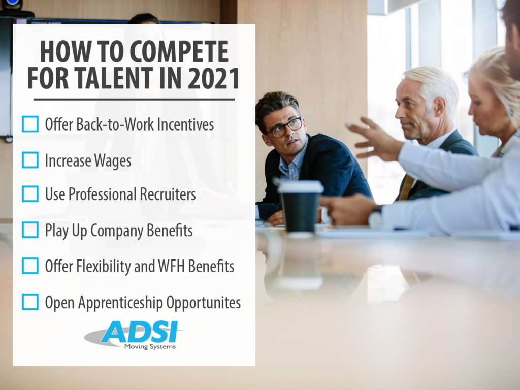 How to compete for talent in 2021:
- Offer back-to-work incentives if you require office presence
- Increase wages
- Use professional recruiters to help identify the best-fit candidates
- Play up your company benefits
- Offer flexibility and work-from-home benefits
- Open up apprenticeship opportunities